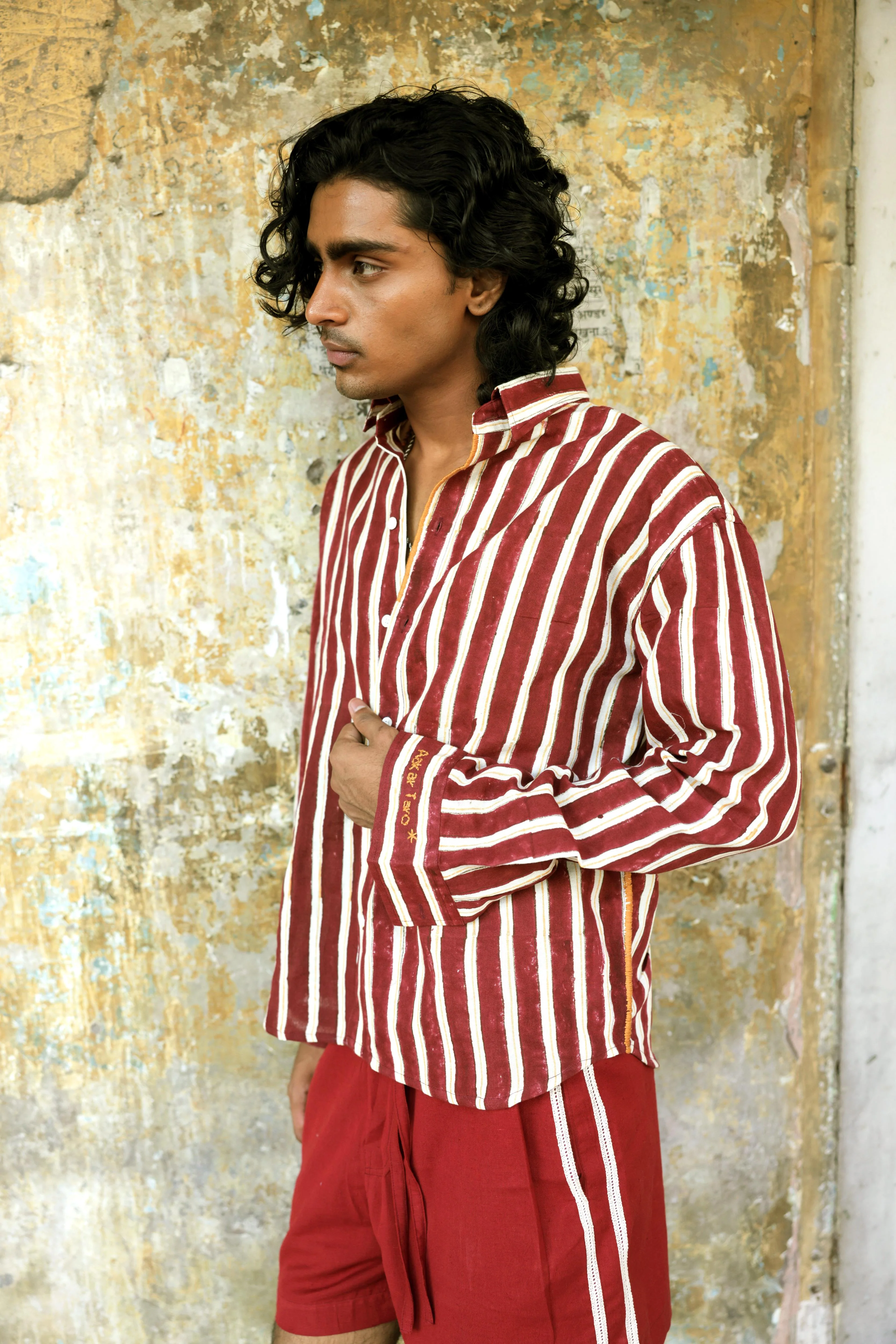 Maroon Hand-Blocked Stripe Linen Shirt - Image 3