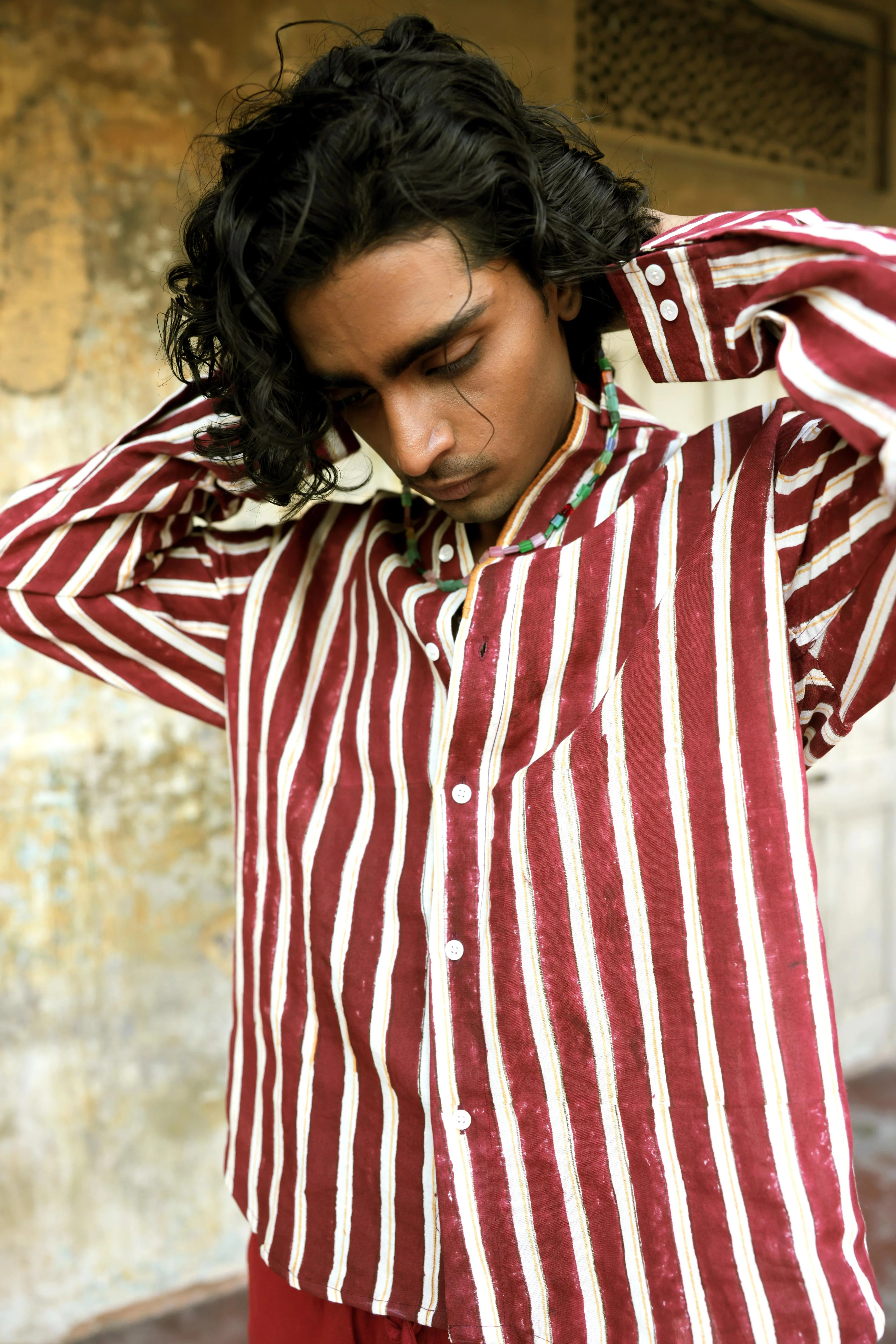 Maroon Hand-Blocked Stripe Linen Shirt - Image 4