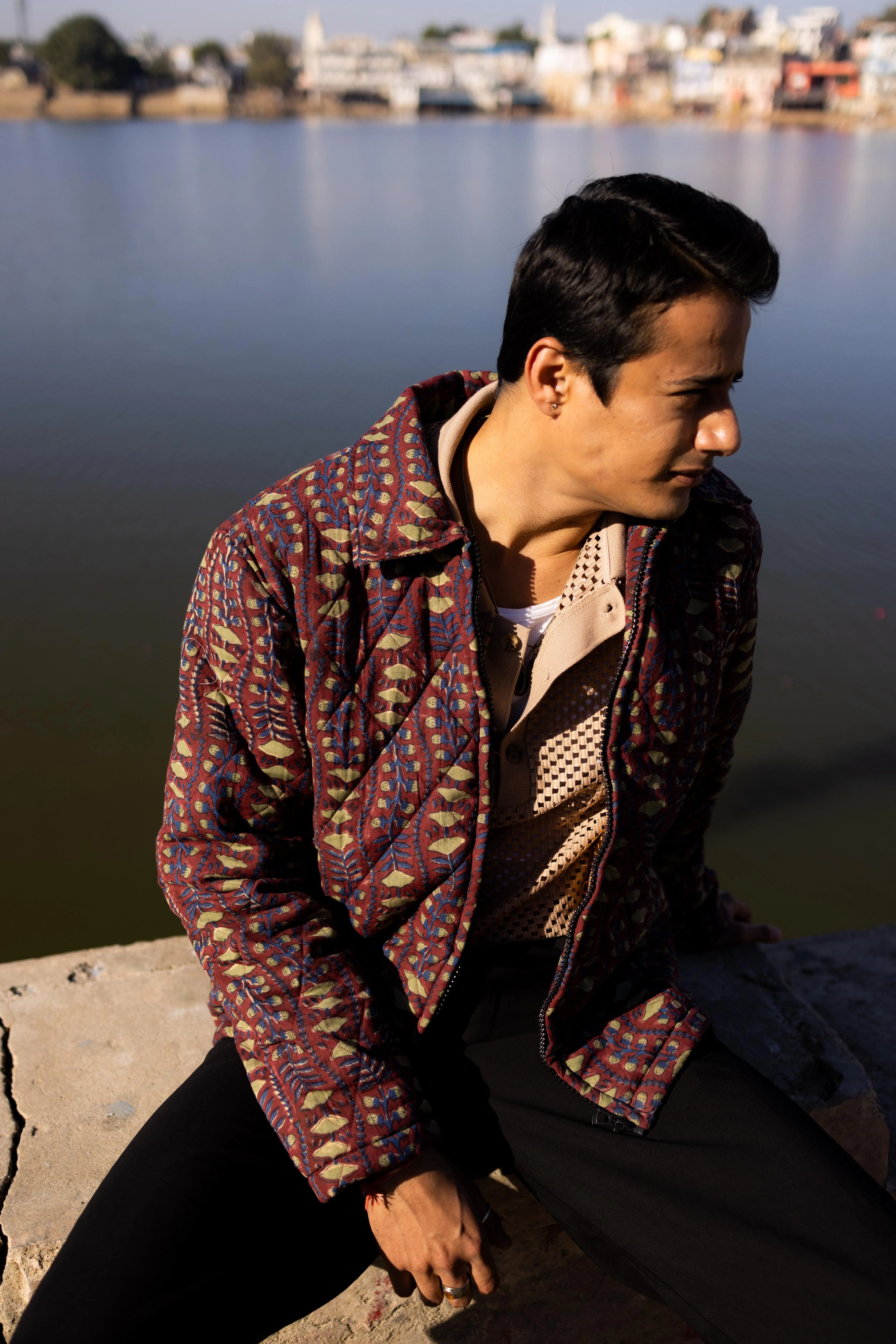 Maroon Sanganer Hand-Blocked Quilt Jacket - Image 4