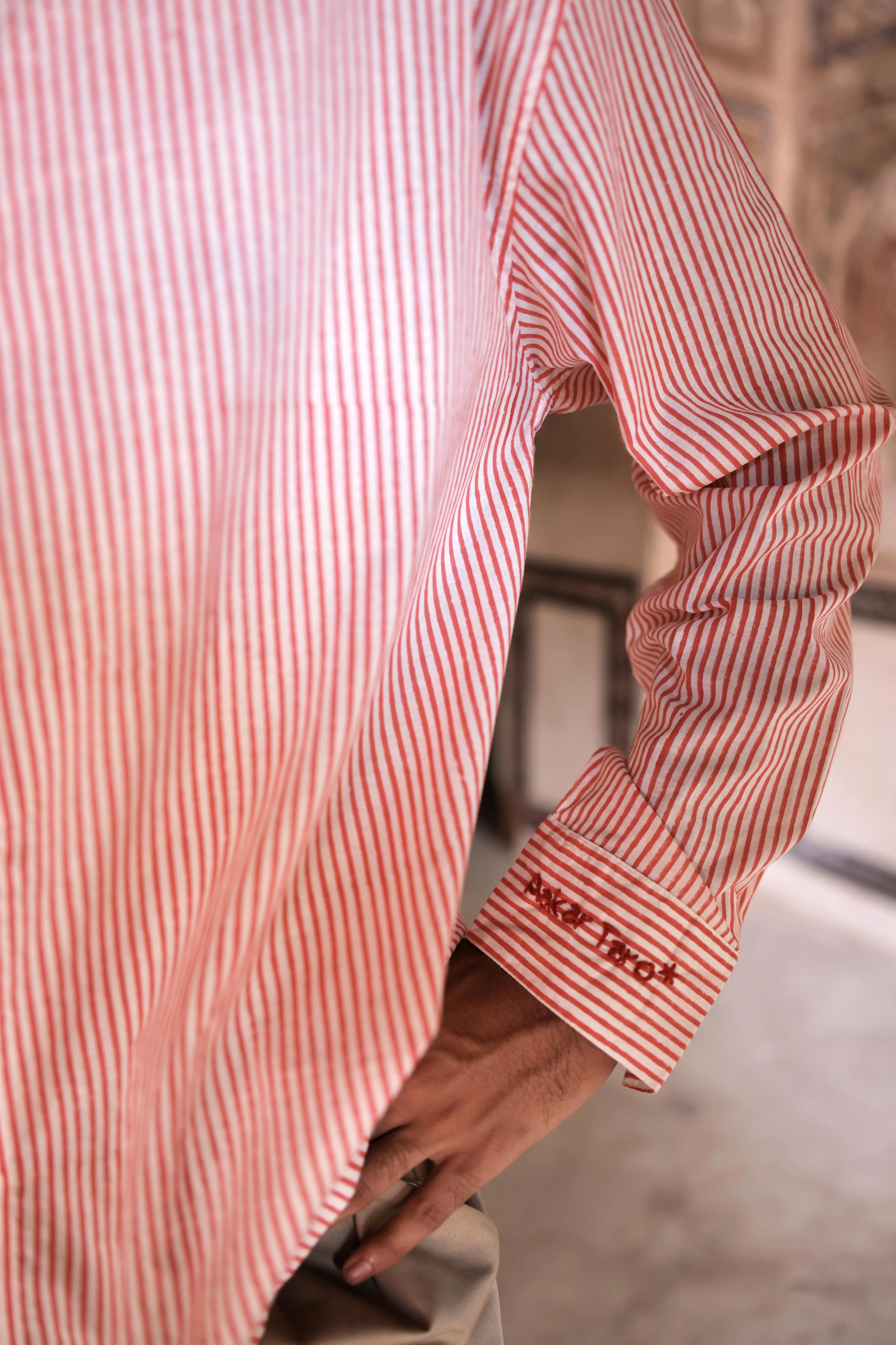 Red Summer Hand-Blocked Stripe Shirt - Image 4