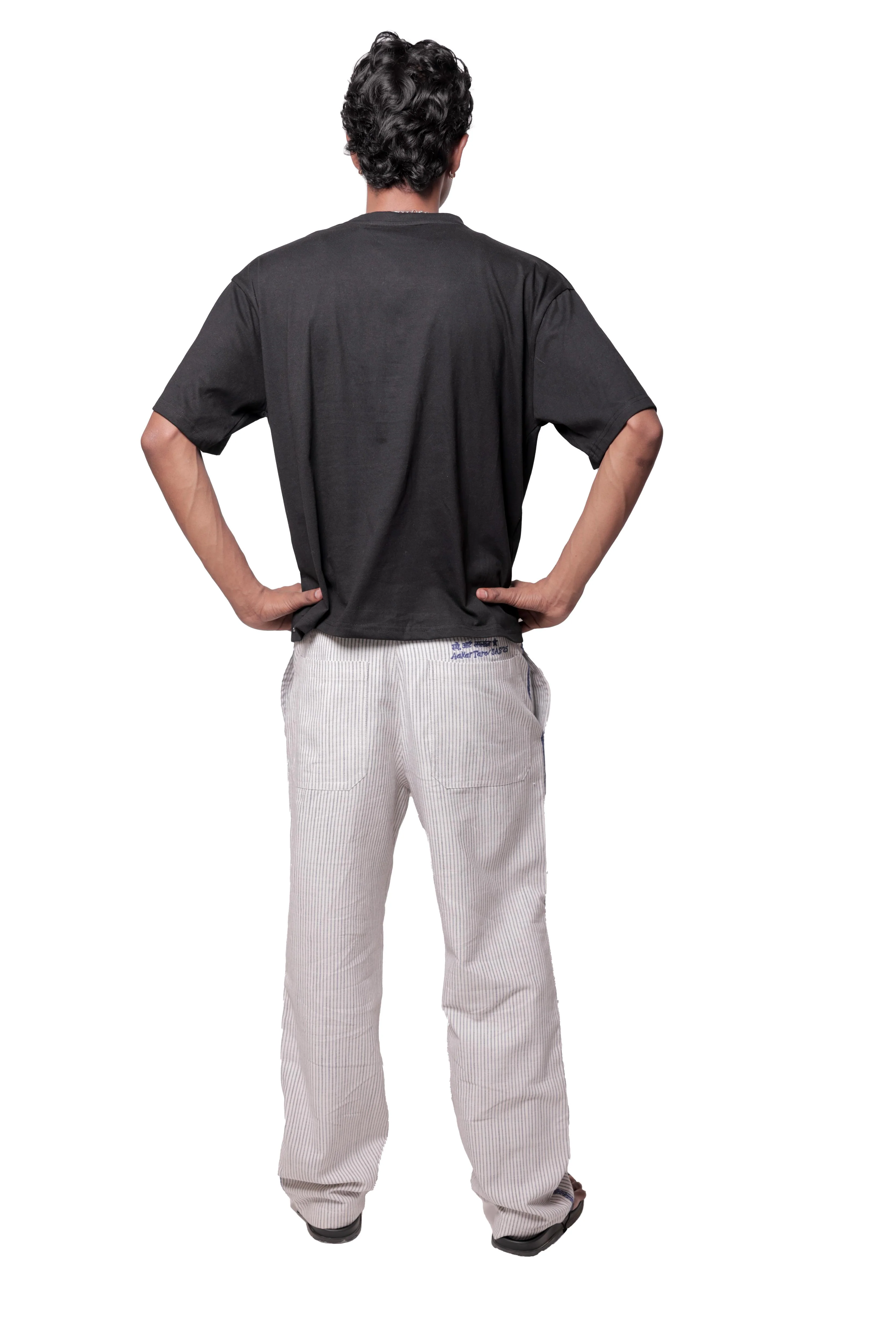 White & Blue Striped Embroidered Summer Pants - Image 3