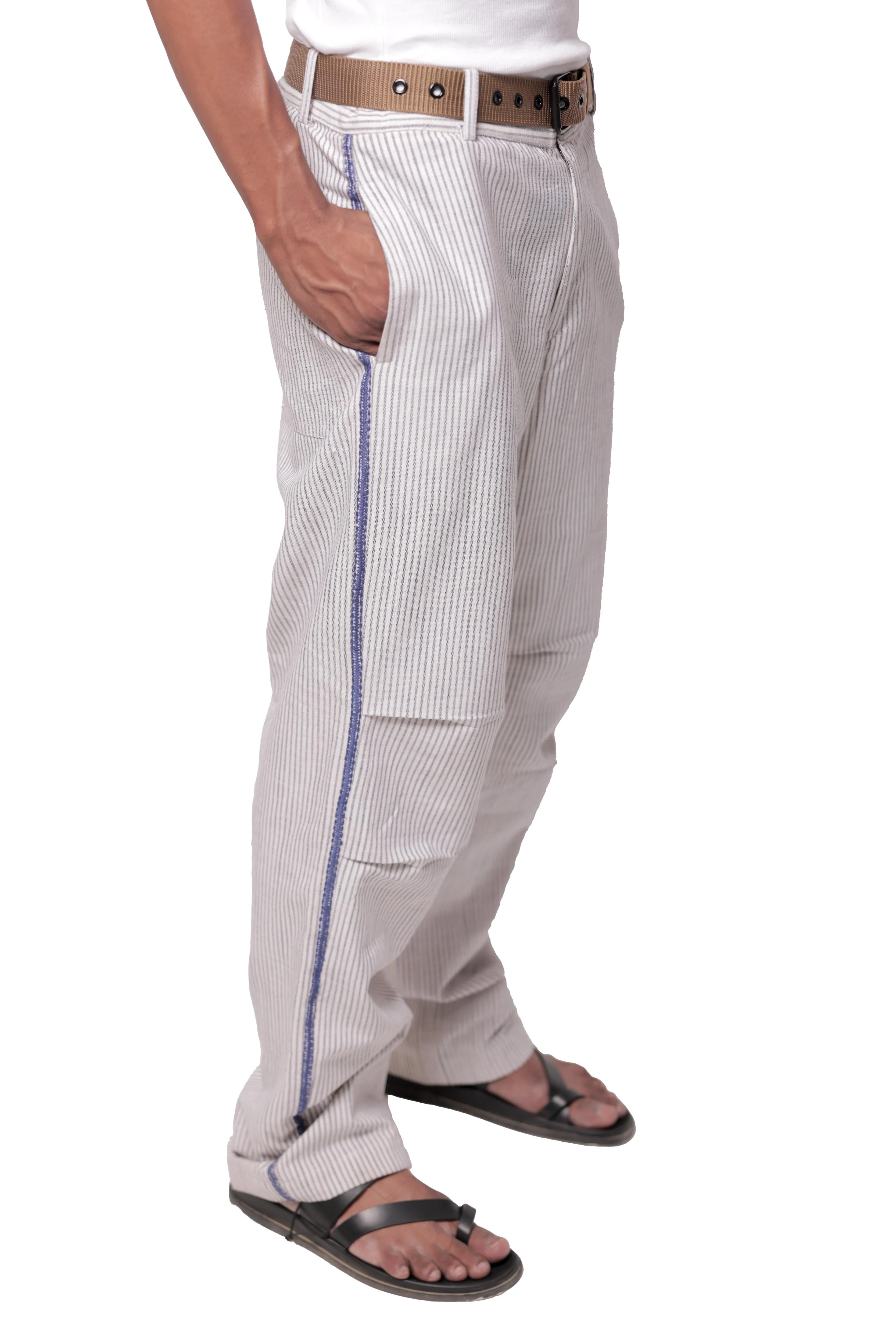 White & Blue Striped Embroidered Summer Pants - Image 5